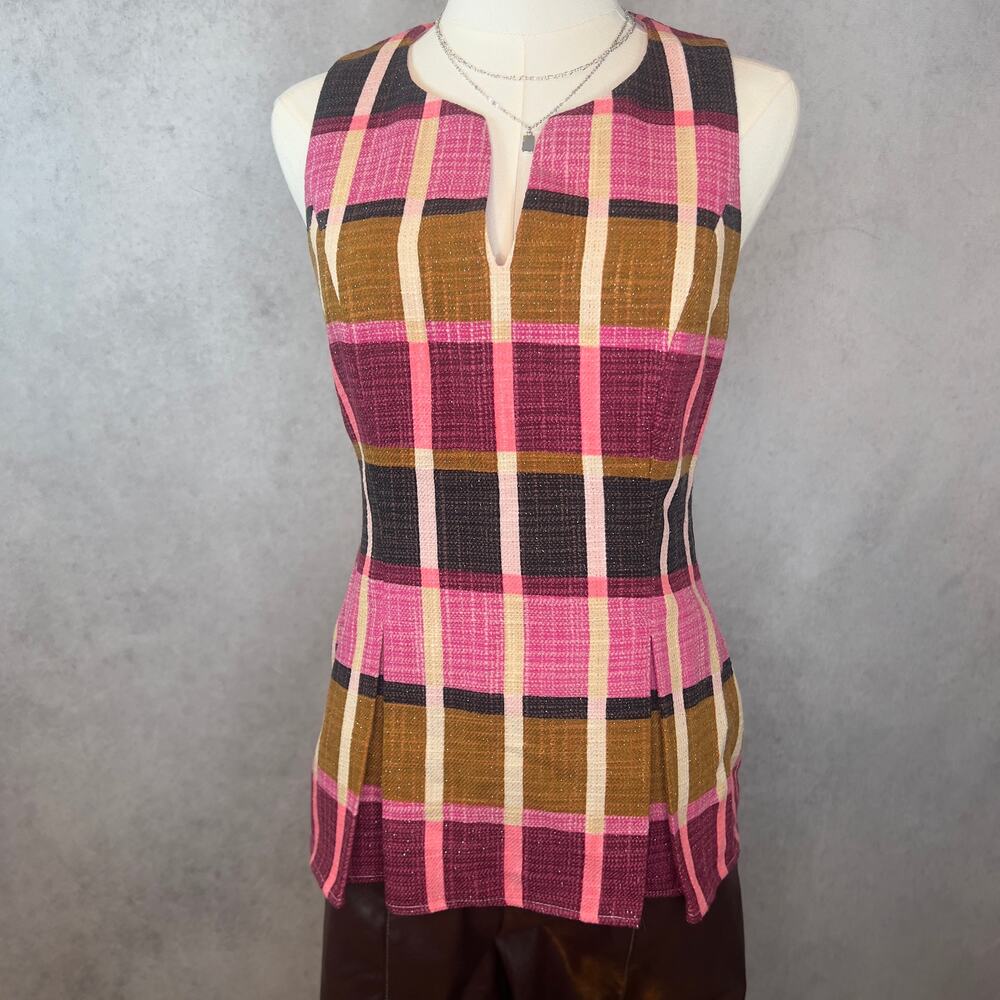 Julie Brown NYC Pink Metallic Plaid Sloane Business Top Size Small